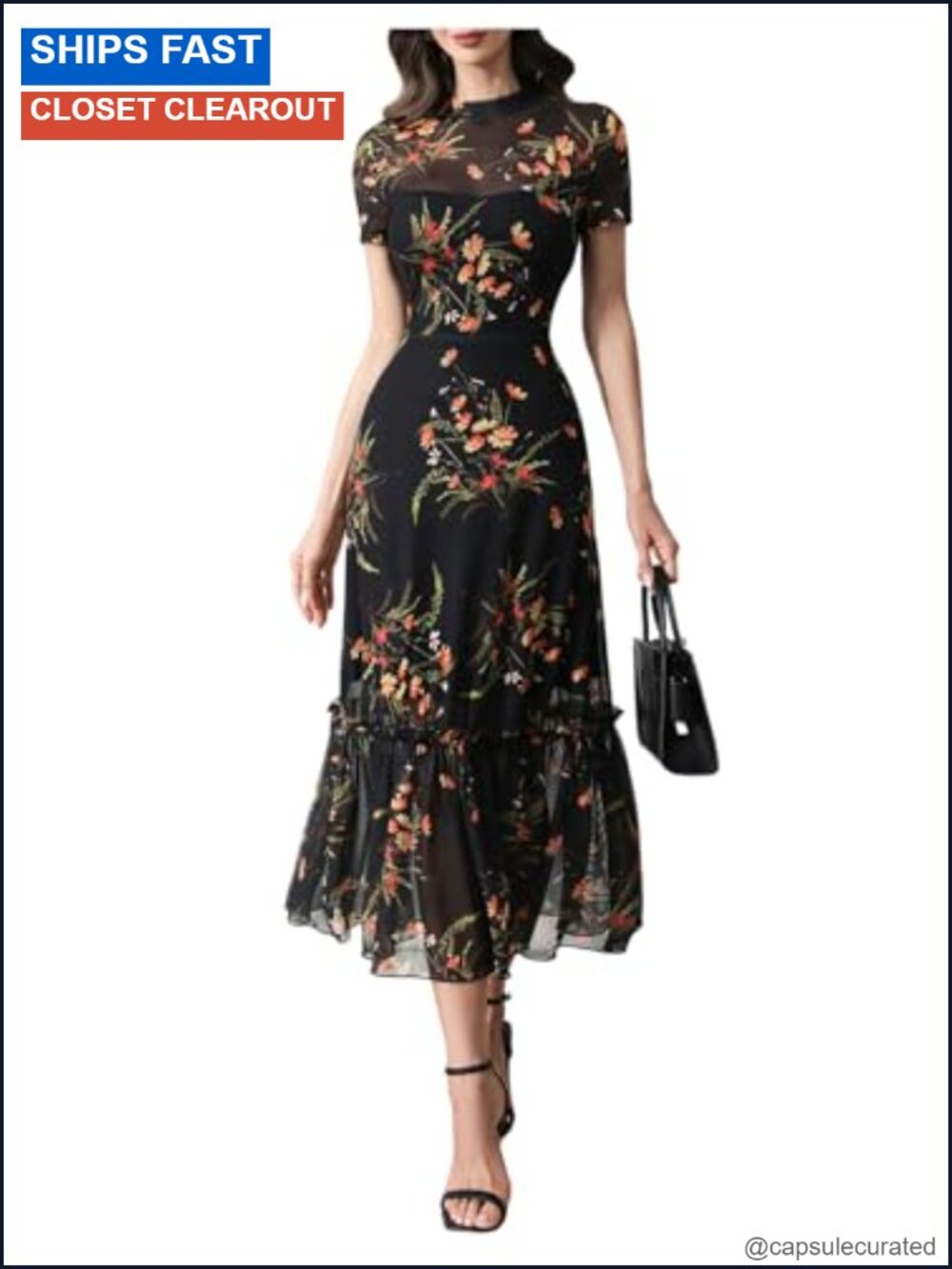 Verdusa Floral Mesh Overlay Bodycon Dress with Mock Neck and Ruffle Hem